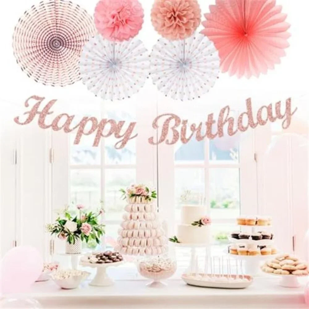 Pink White Rose Gold Birthday Party Decorations Banner Paper Lantern Pom Poms